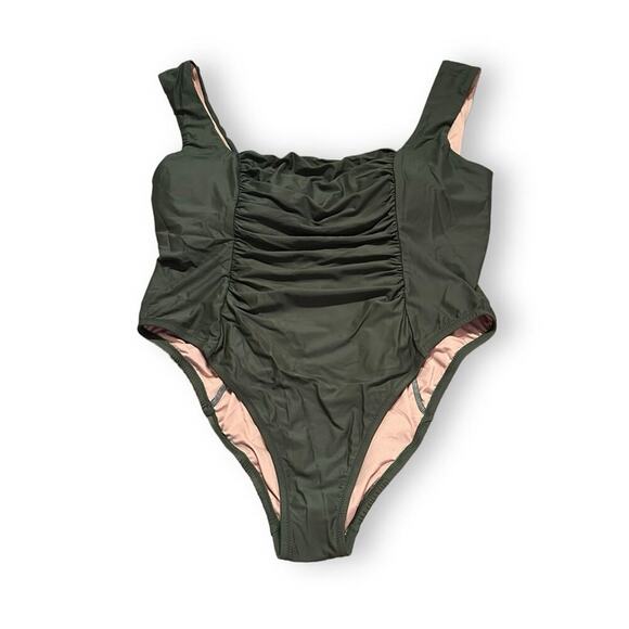 J. Crew Ruched Square Neck One Piece Swimsuit in Safari Green Sz‎ 22 NEW - Picture 1 of 7